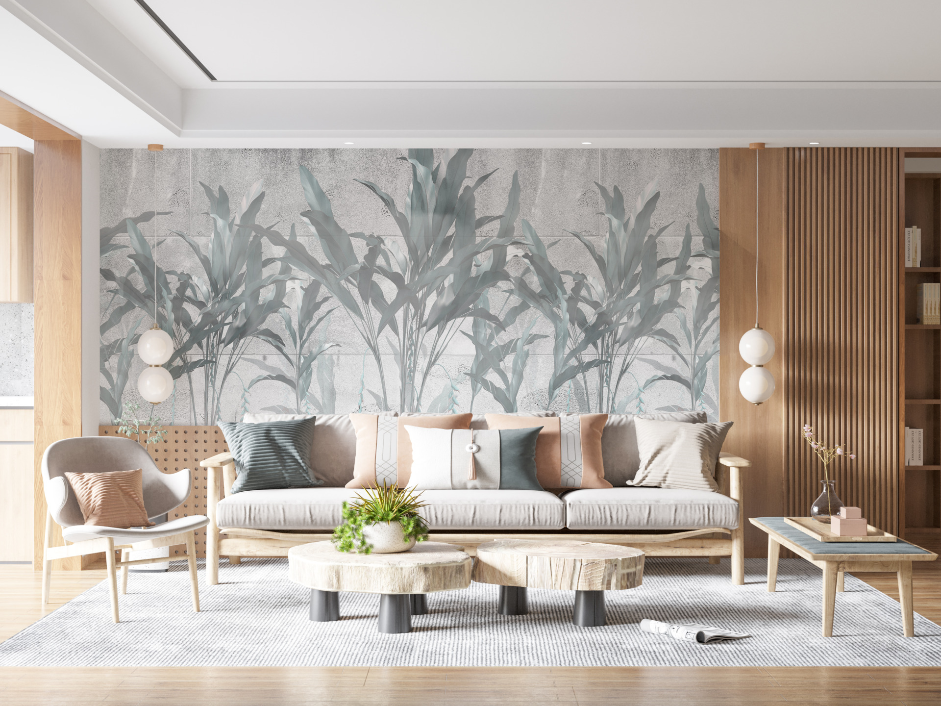 Zidni mural Tropska trava u sivoj boji