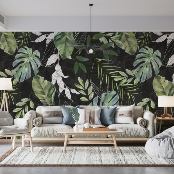 Zidni mural tropskog lišća na crnoj pozadini