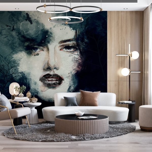 Zidni mural lica djevojke na tamnoj pozadini