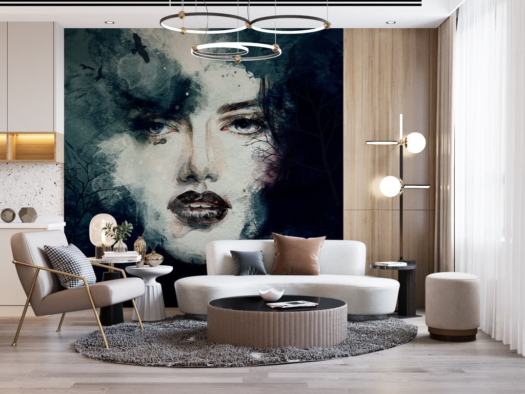 Zidni mural lica djevojke na tamnoj pozadini