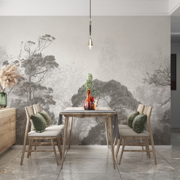 Egzotične krošnje drveća u zidu magle