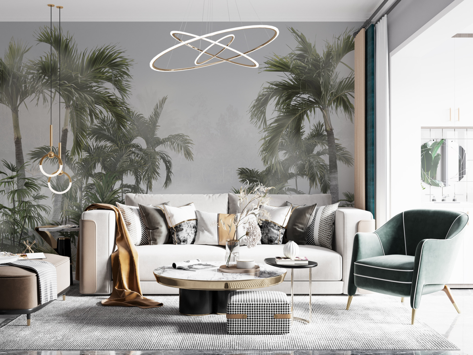 Visoke palme u zidnom muralu magle