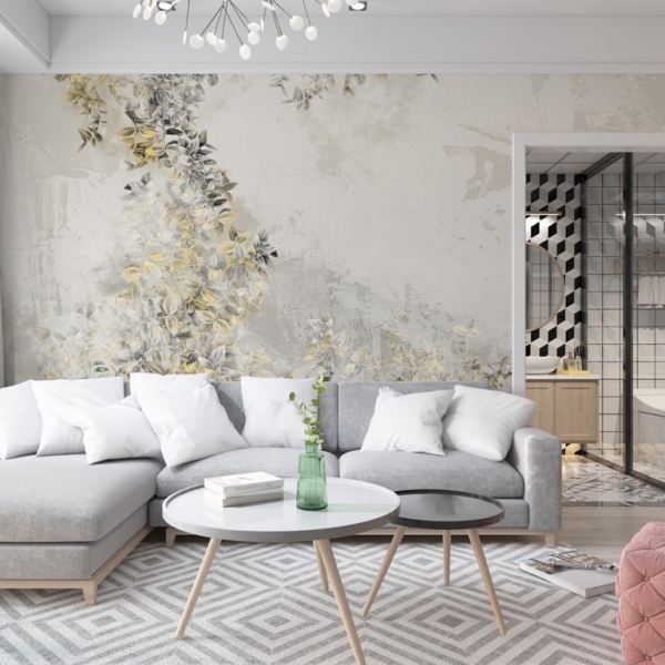 Zidni mural Zlatno lišće u sivoj boji