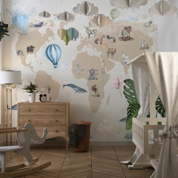 Zidni mural sa životinjama na karti svijeta