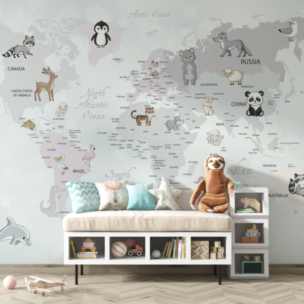 Zidni mural sa životinjama na karti svijeta