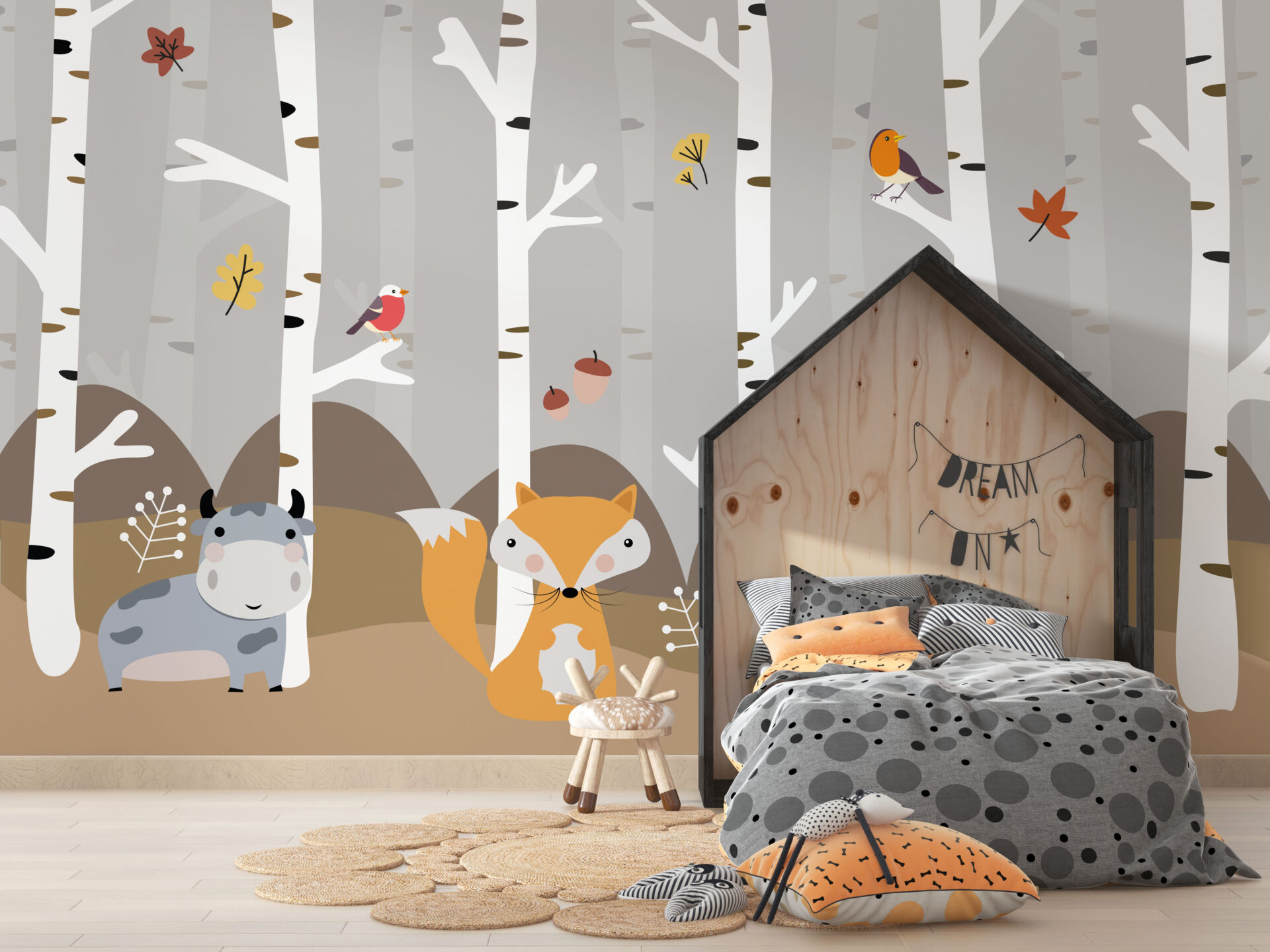 Zidni zid životinja među brezama