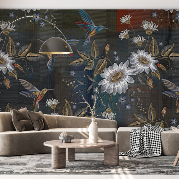 Zidni zid Bijelo cvijeće i kolibri