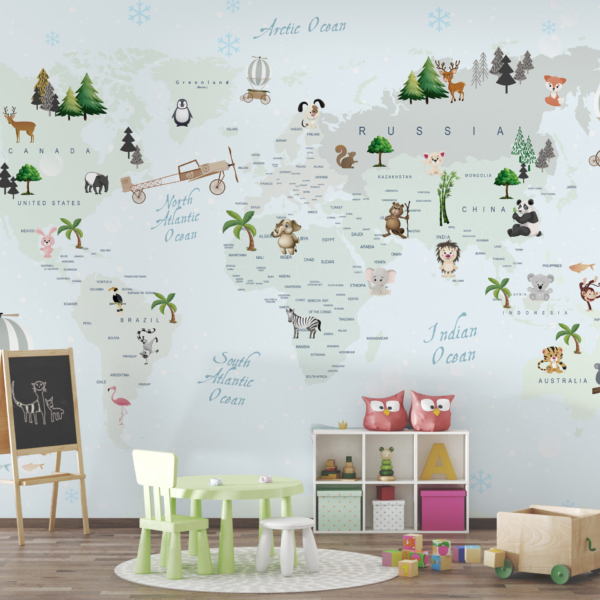 Plavi zidni mural na karti svijeta