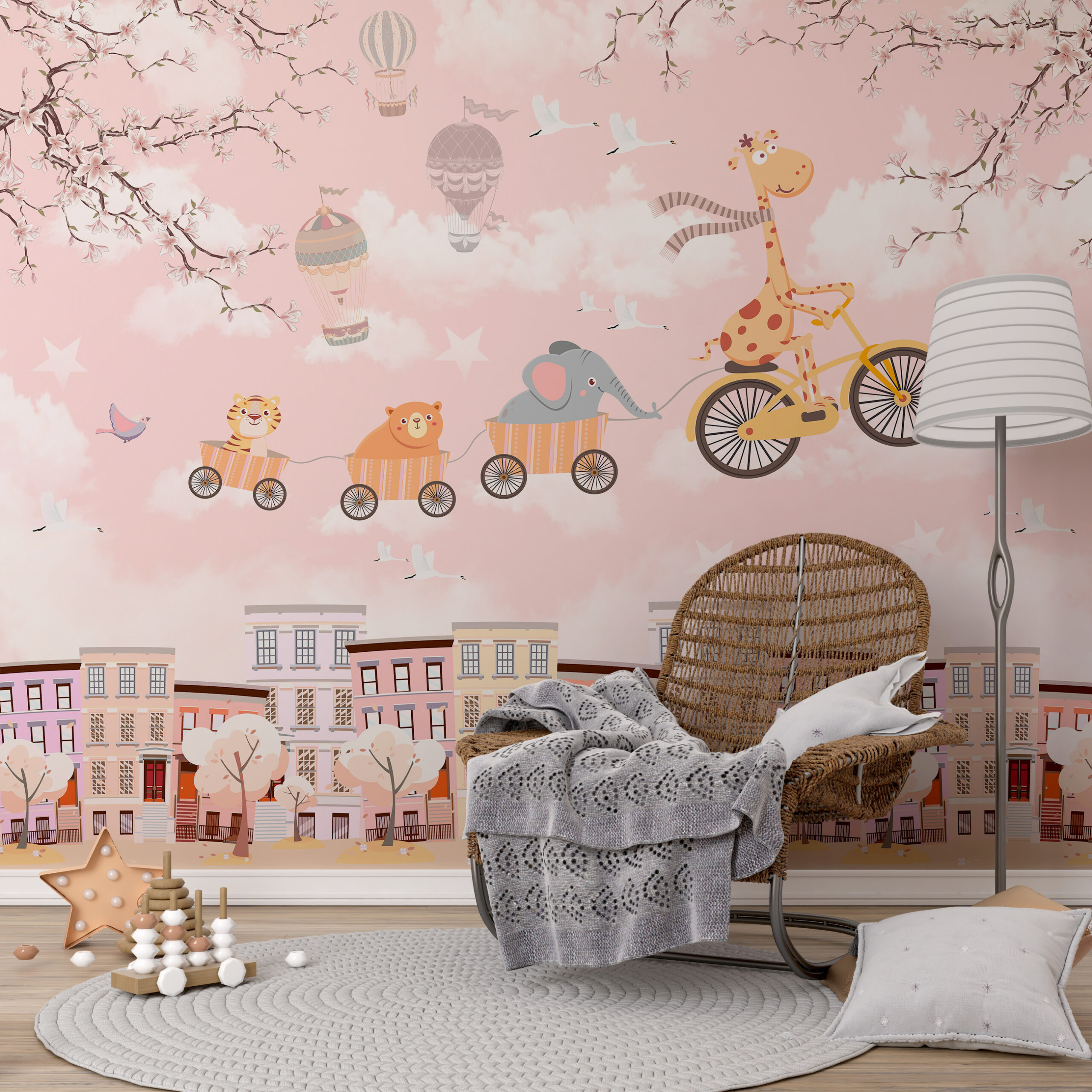 Zidni mural Leteći zoološki vrt u ružičastoj boji