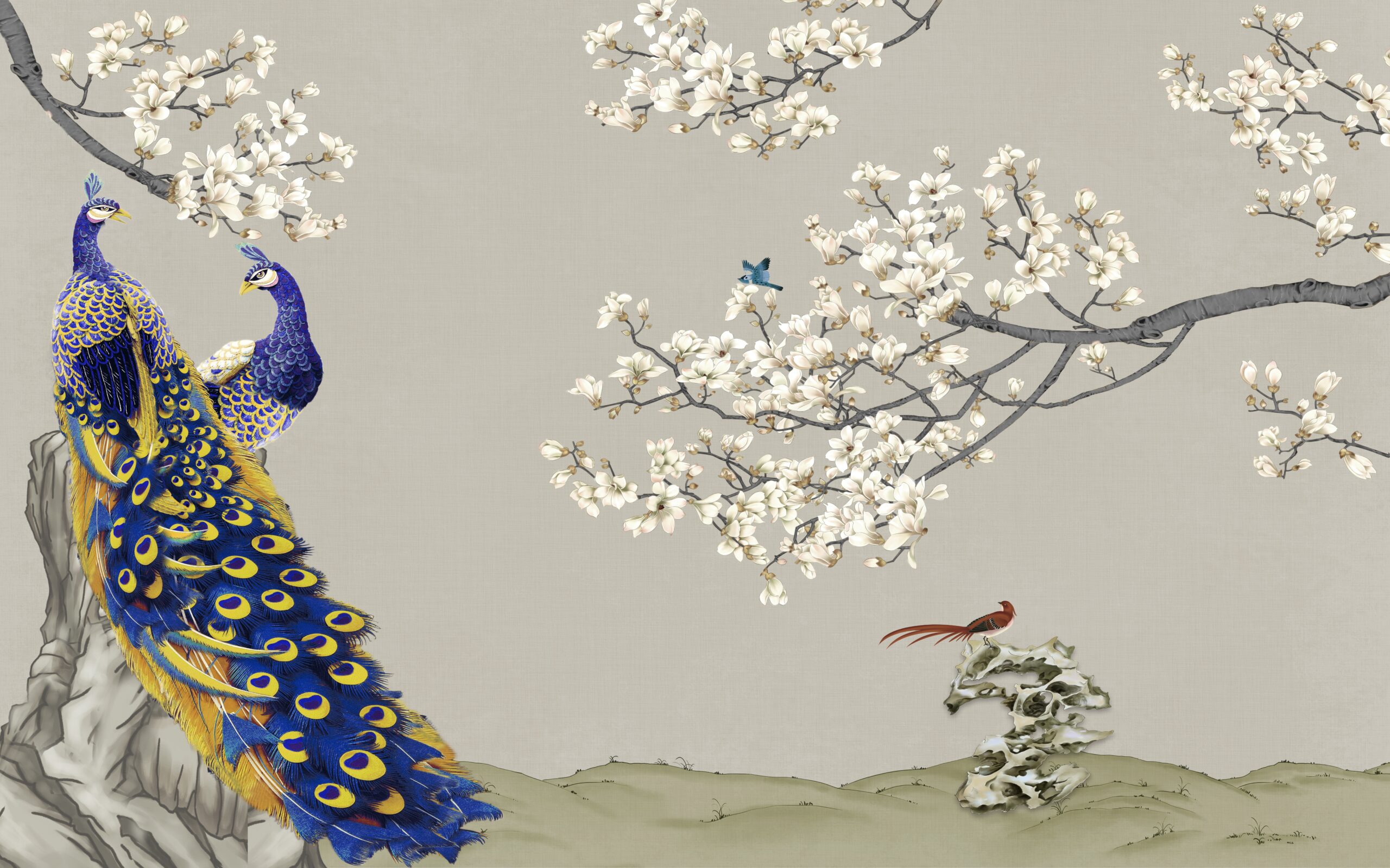 Nice,View,Of,White,Flower,Tree,With,Peacock,And,Birds