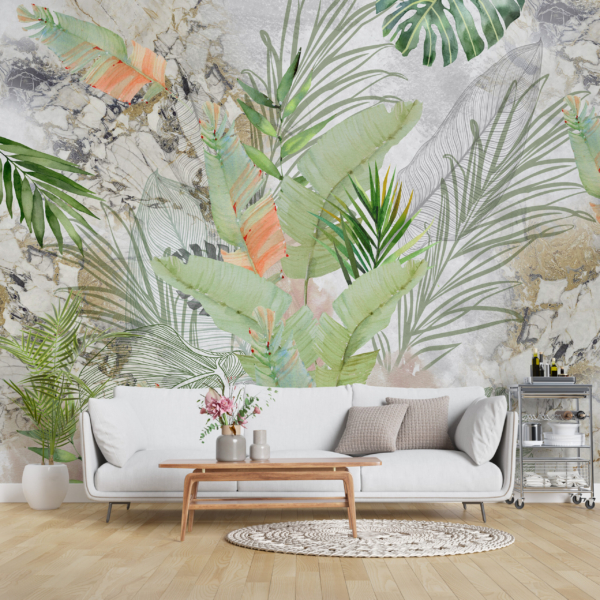 Tropsko lišće u mramornom zidu