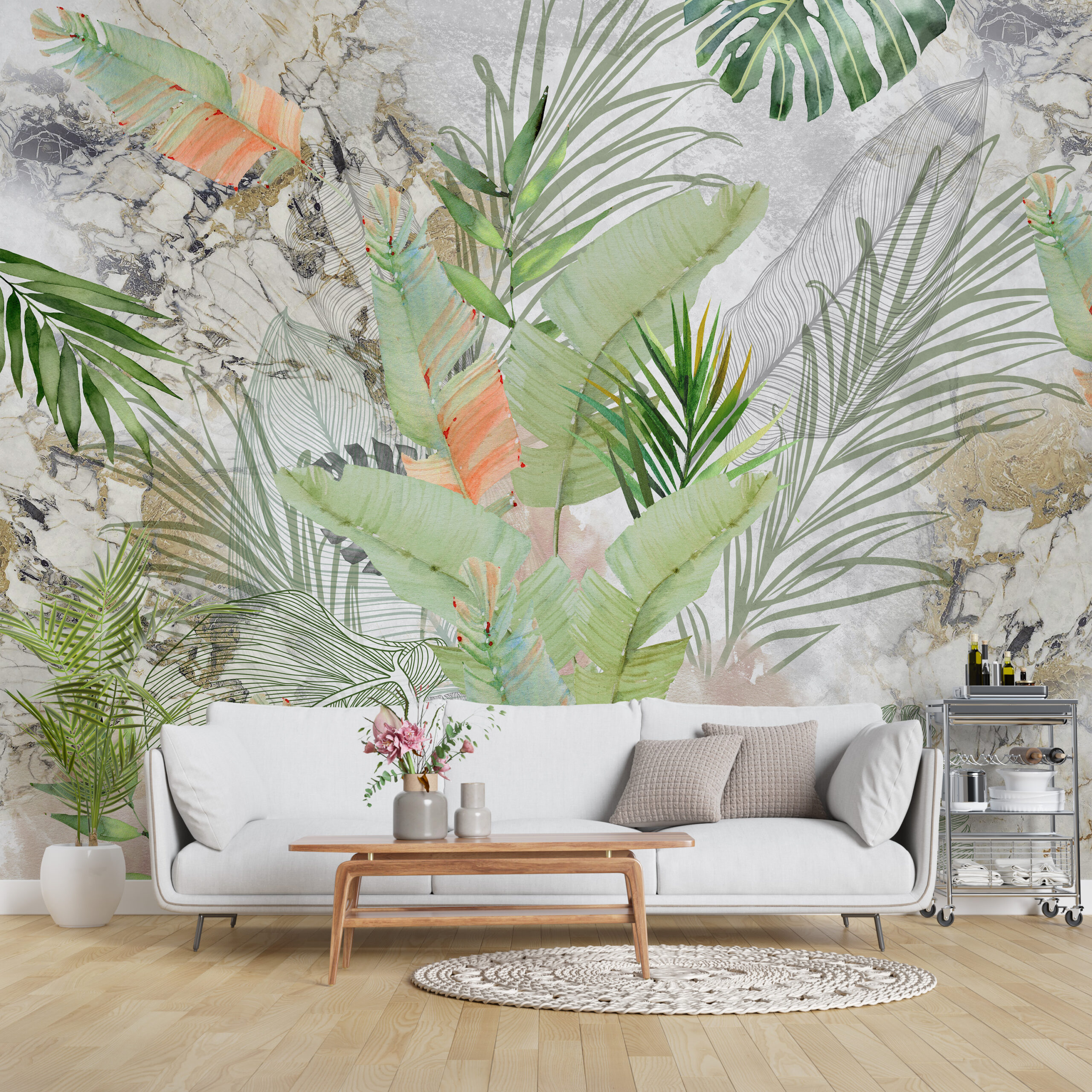 Tropsko lišće u mramornom zidu