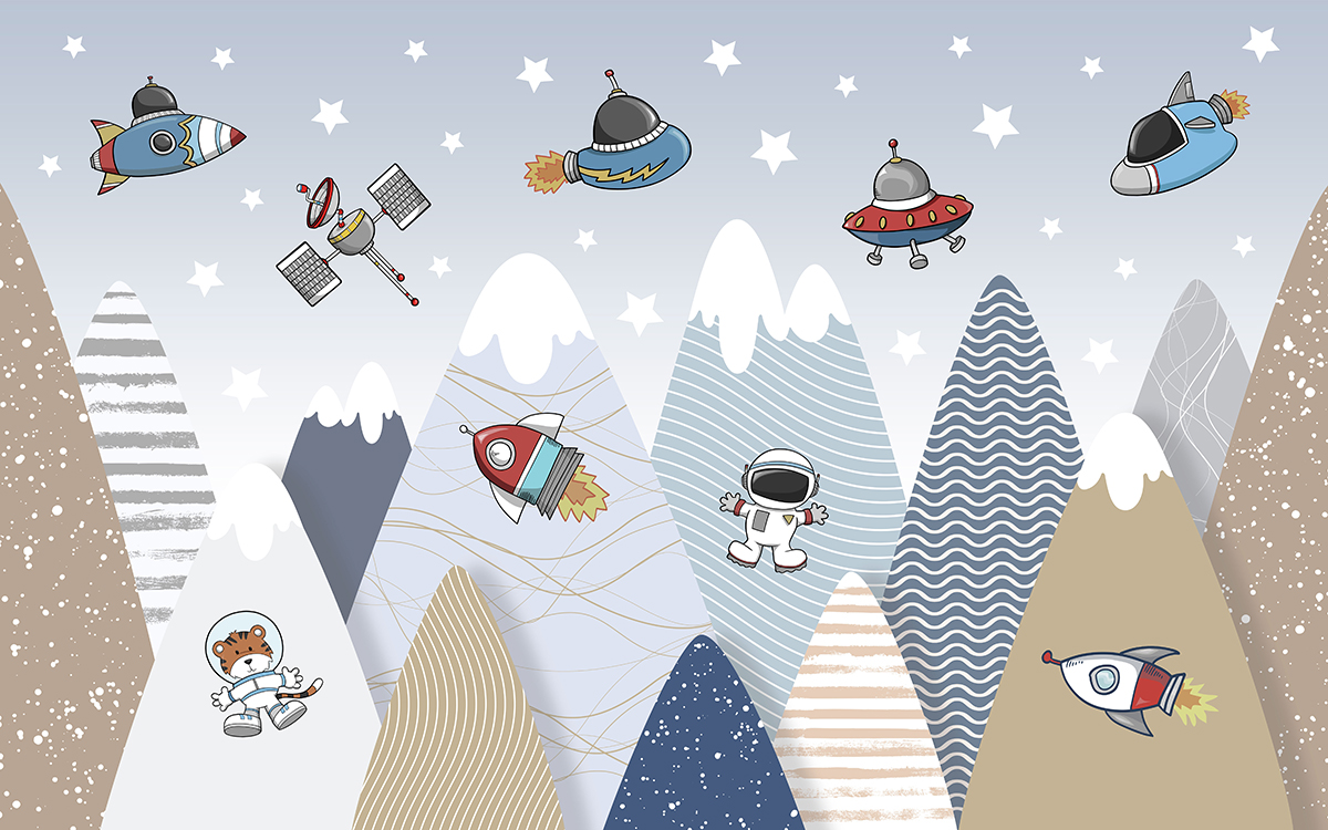 Children's,Picture,With,Mountains,,Rockets,And,Astronauts,For,Digital,Printing