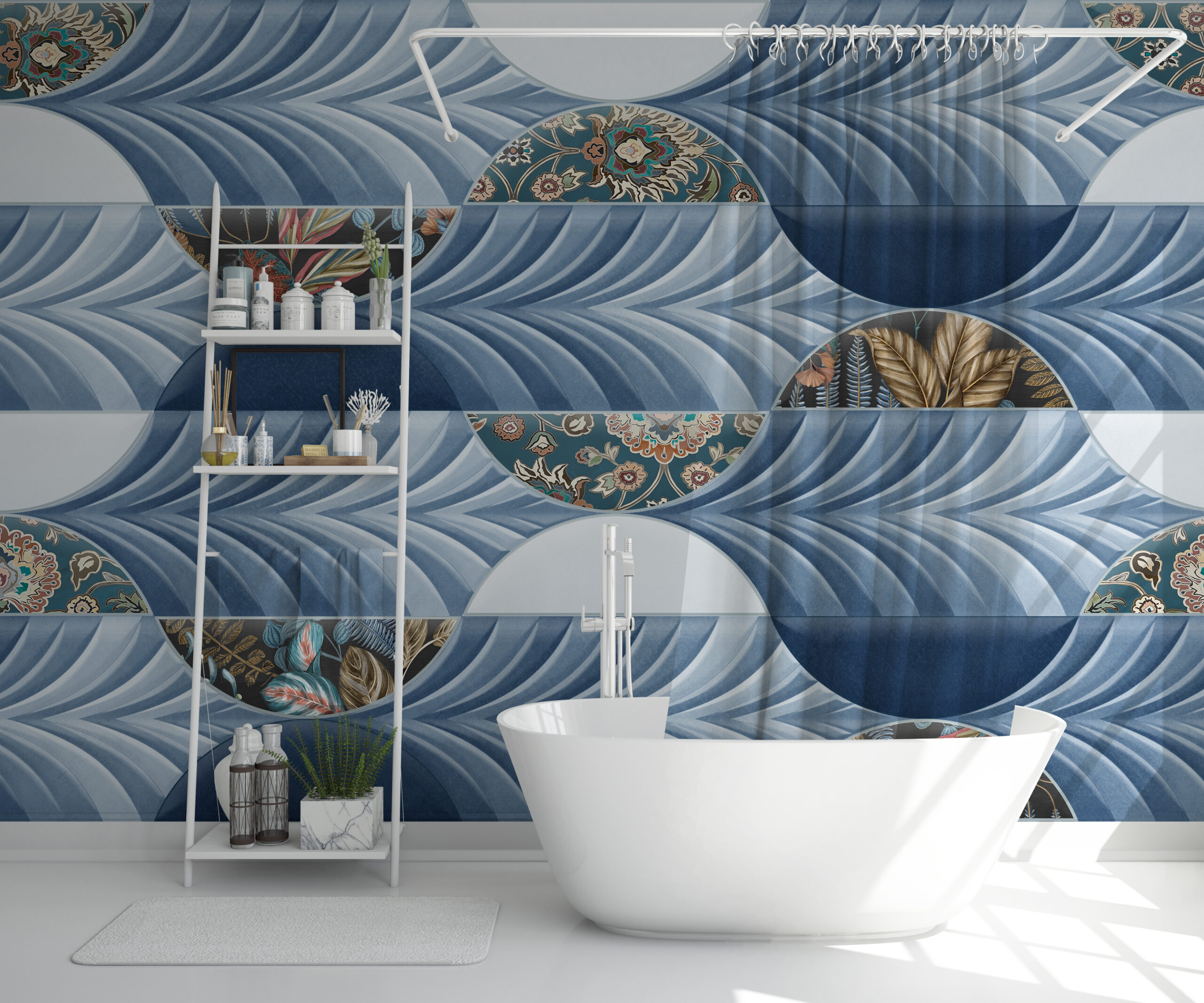 Zidna stena s plavim geometrijskim motivom