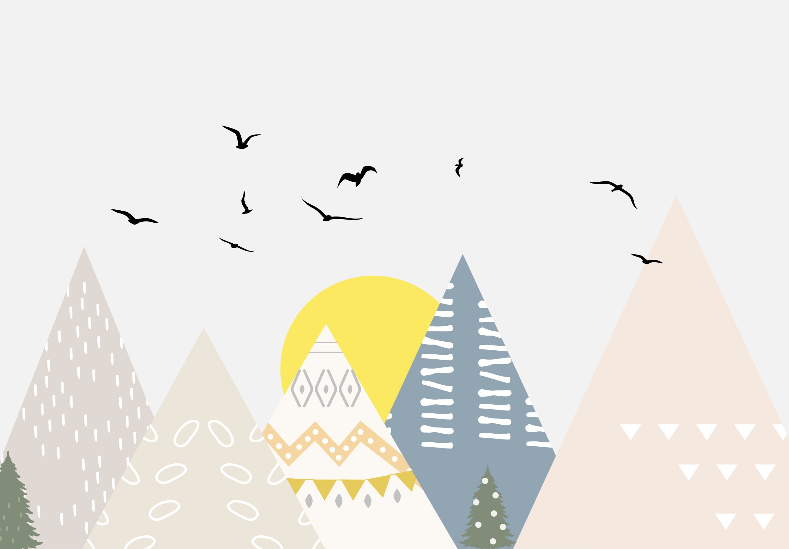 Simple,Illustration,With,Mountains,Sun,And,Many,Birds