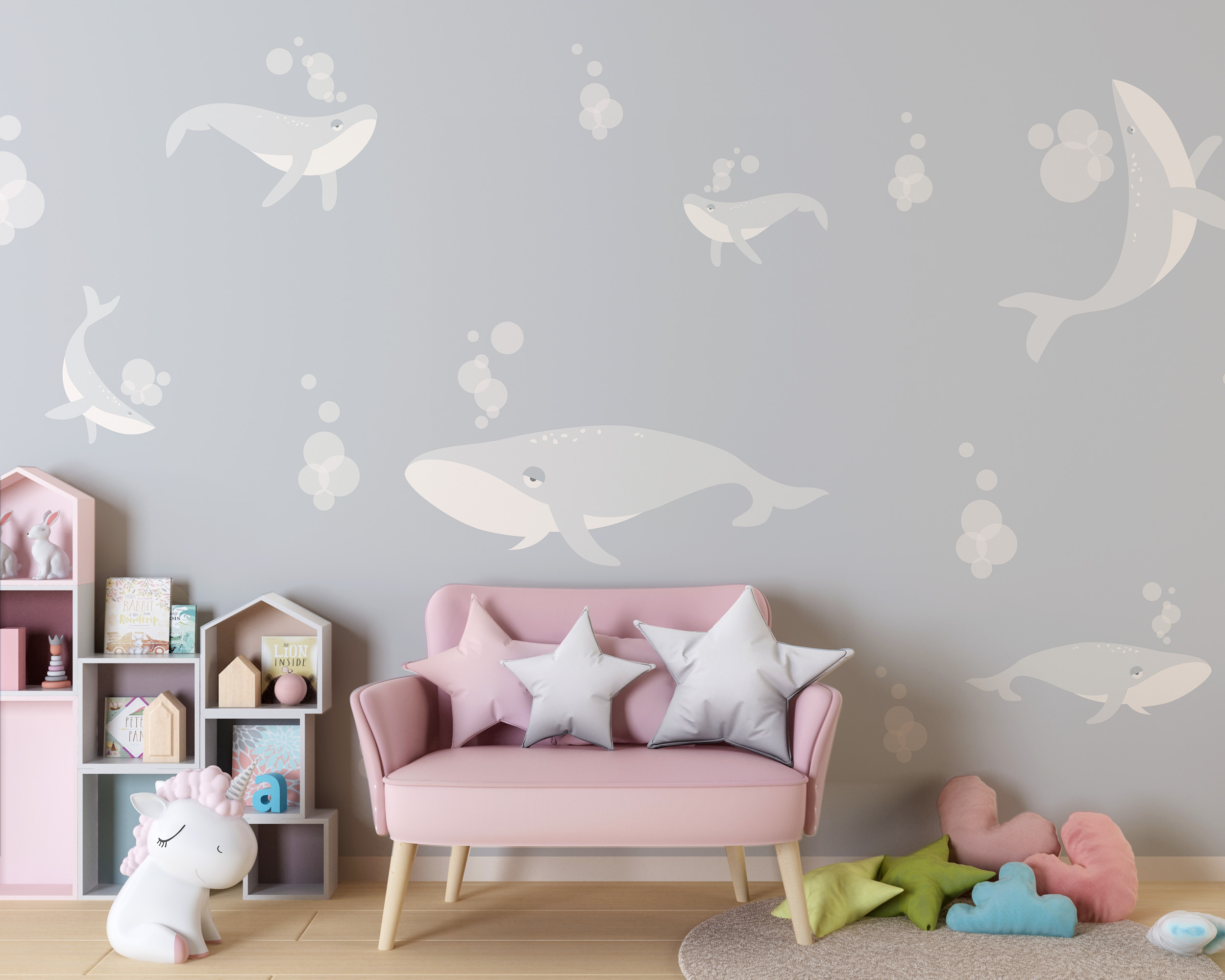 Podvodni kitovi sivi zidni mural