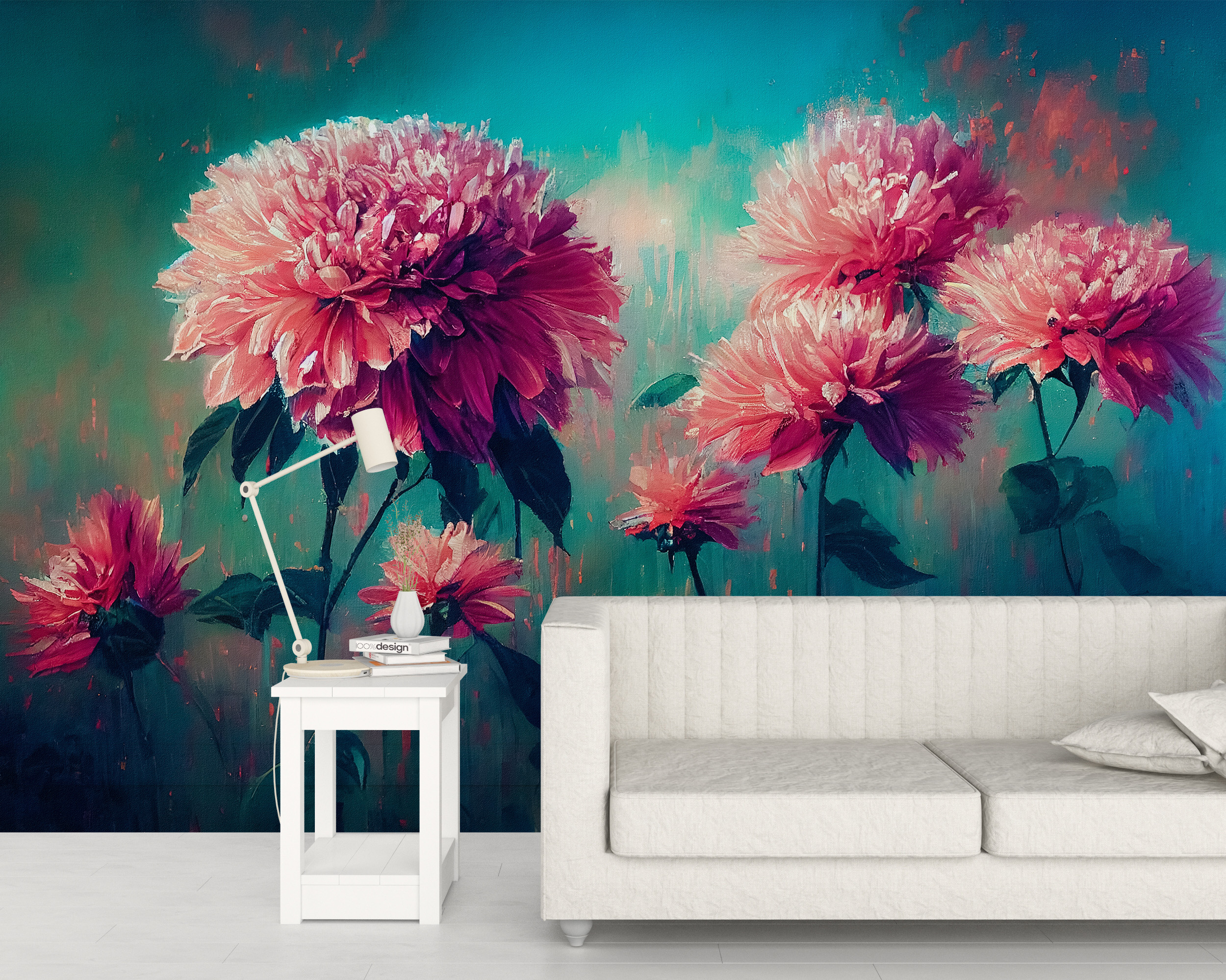 Ružičasti cvjetovi u tirkiznom zidnom zidu