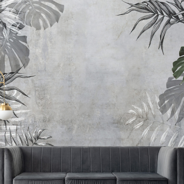 Tropsko lišće u sivom zidnom zidu