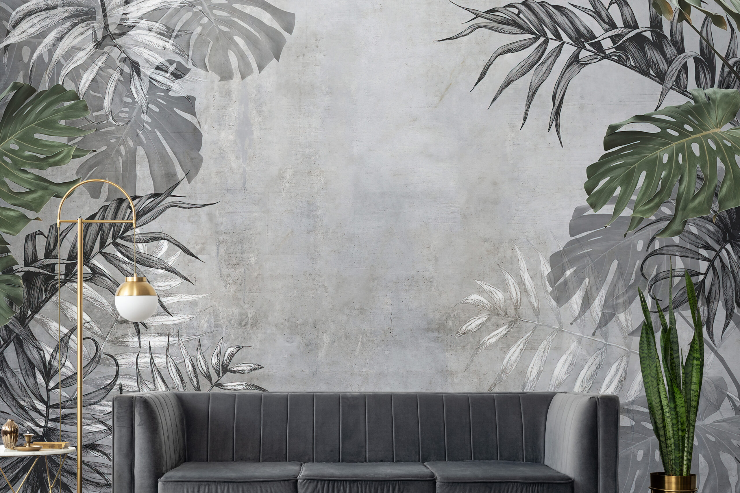 Tropsko lišće u sivom zidnom zidu