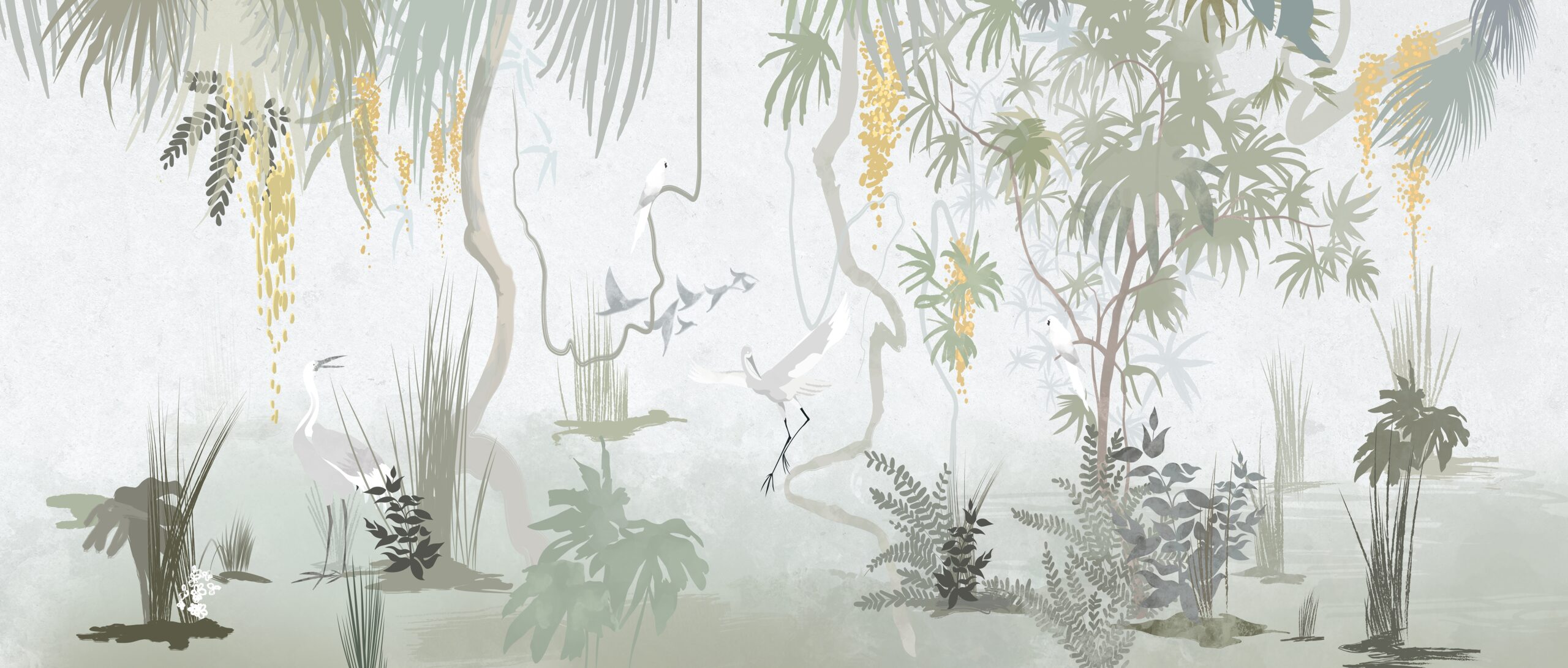 Minimalist,Chinese,Style,Drawing,,Fresco,,Trees,,Birds,,Parrots.,Mural,,Wallpapers