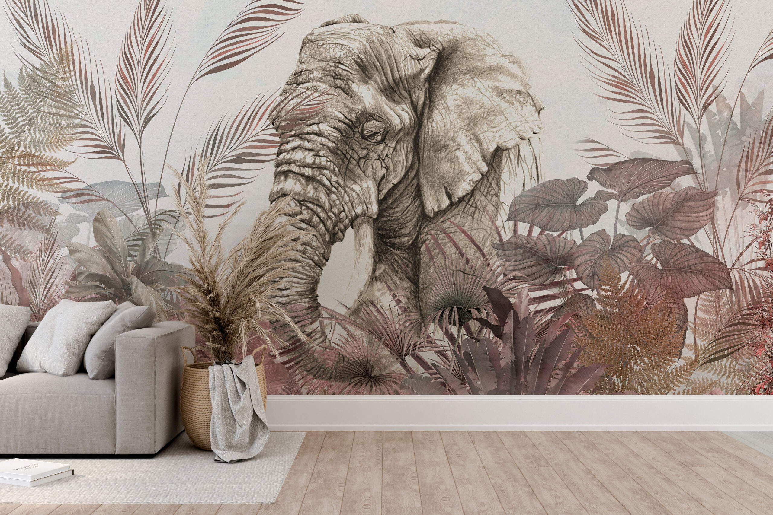 Zidni mural tropskog ružičastog slona