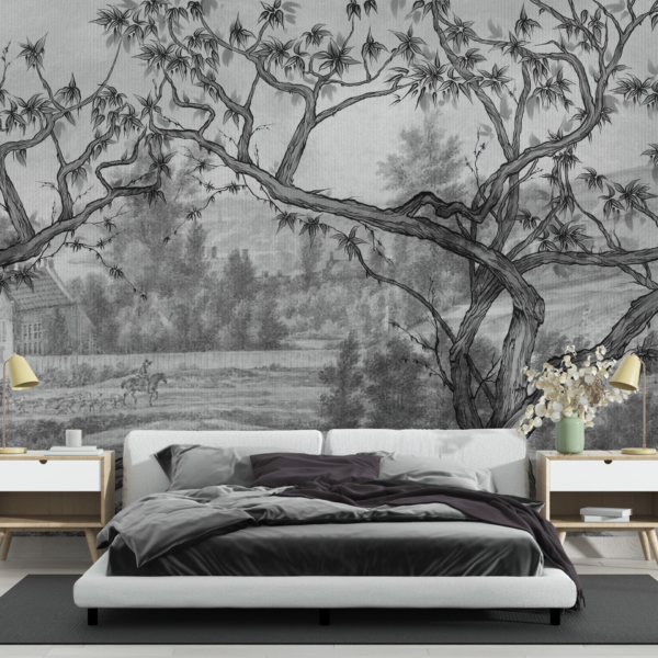 Zidni mural ruralnog krajolika crno-bijeli