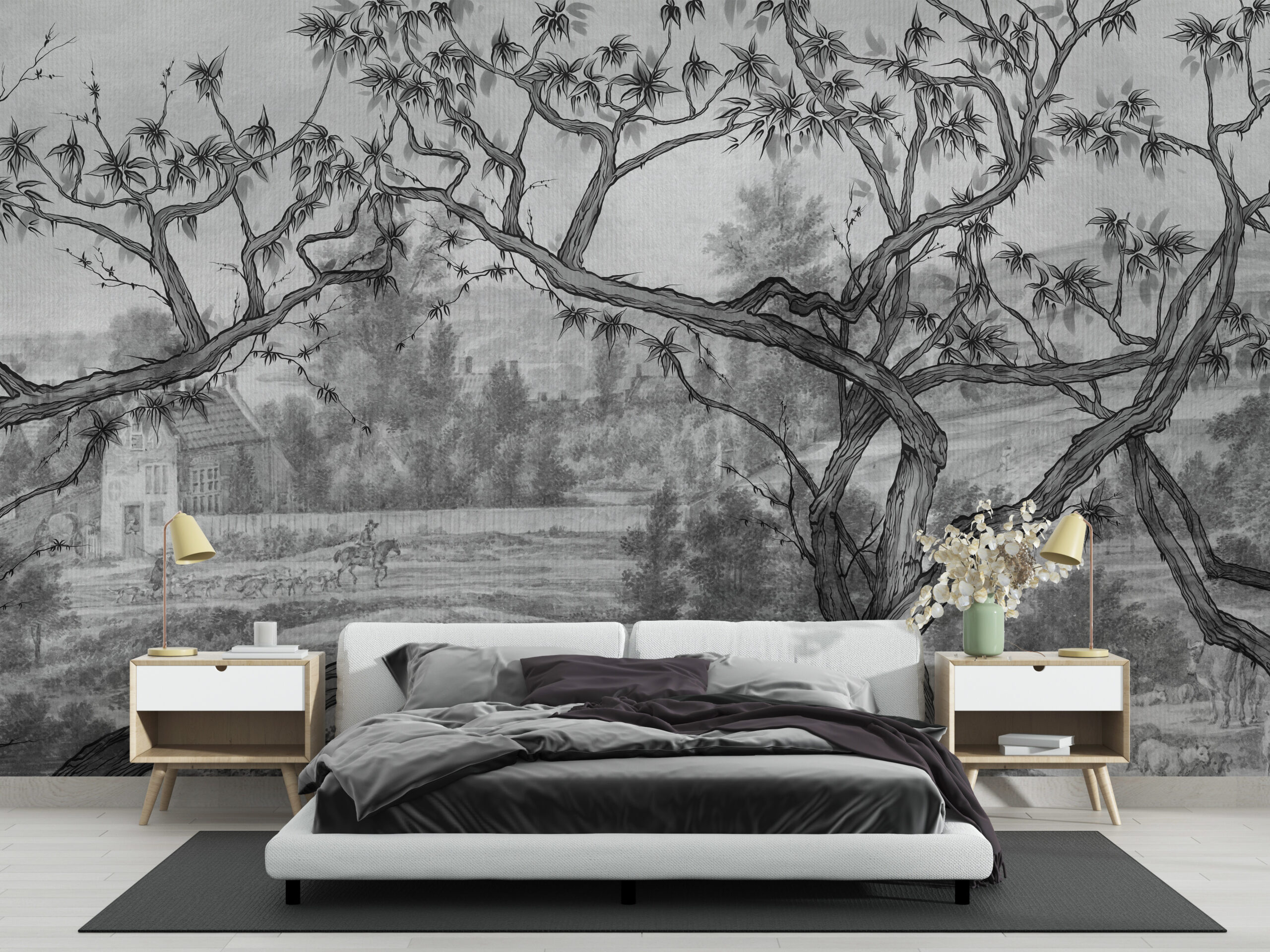 Zidni mural ruralnog krajolika crno-bijeli