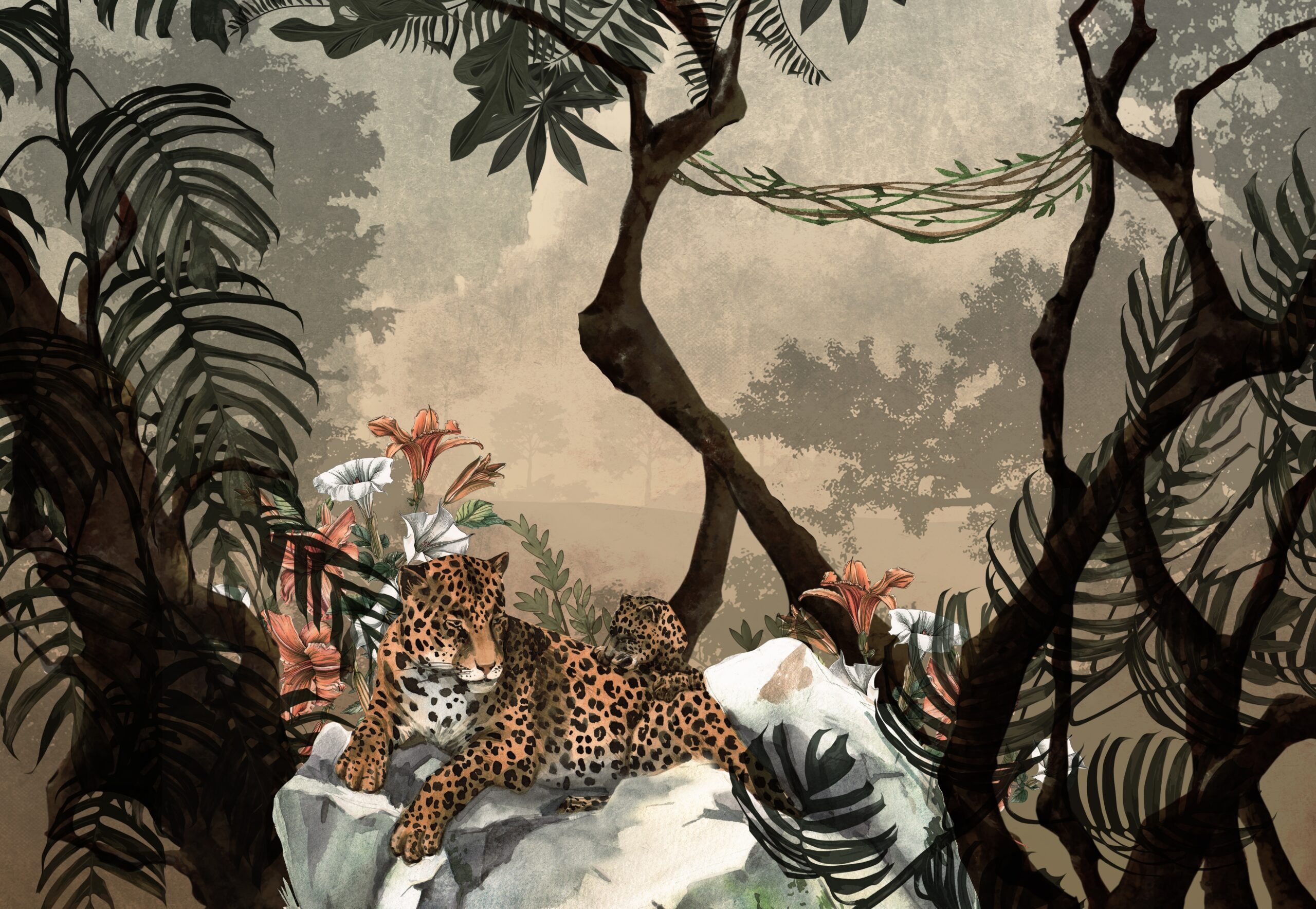 Dark,Soft,Color,Forest,Design.,Wallpaper,Design.,Tropical,Forest,And