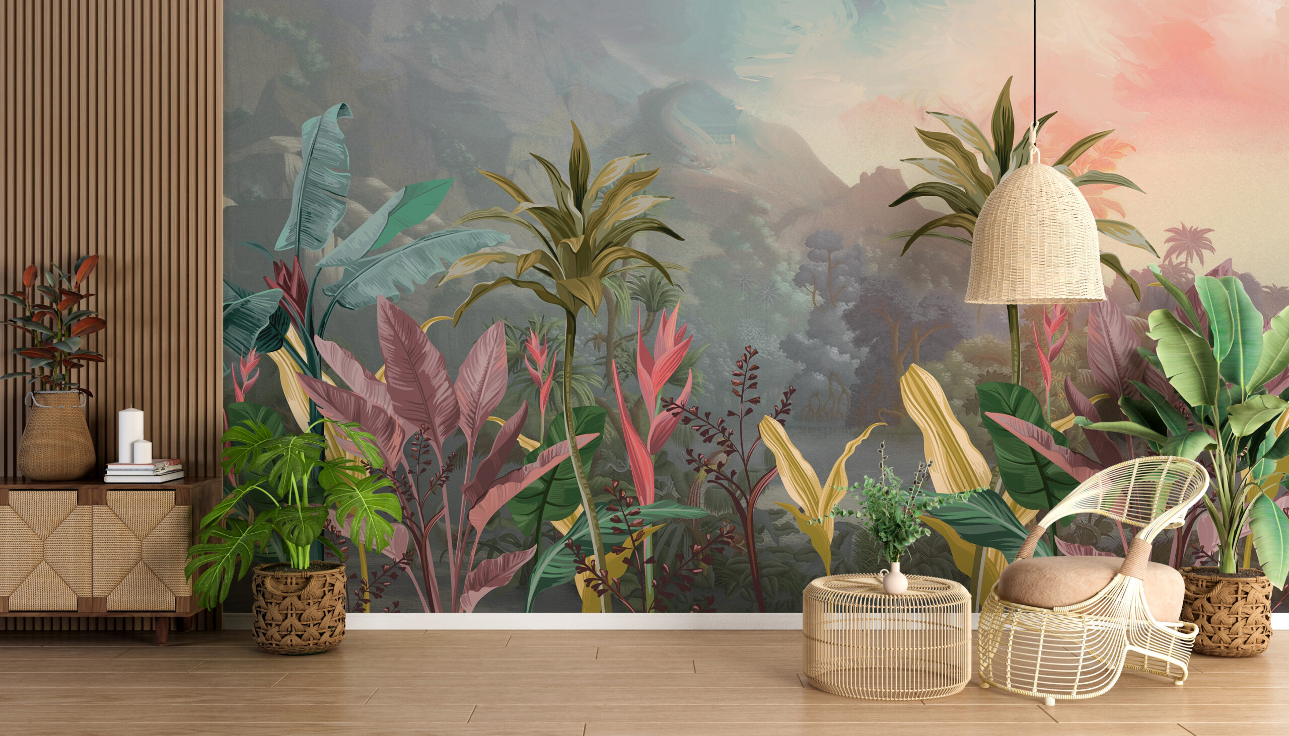 Tropski zidni zid u ružičastoj boji