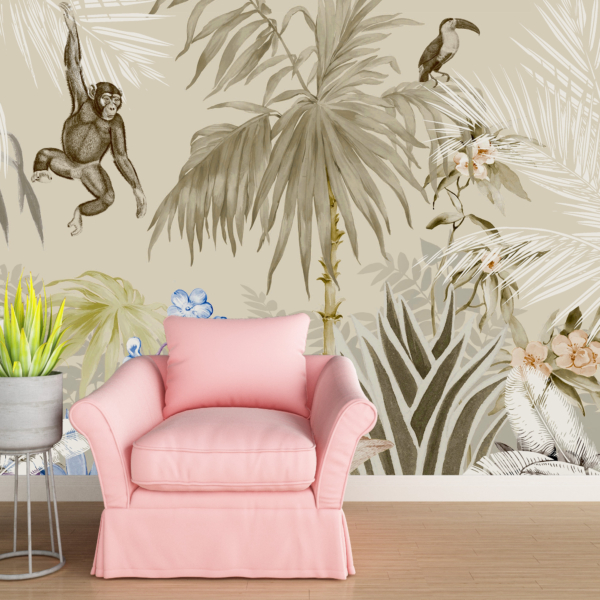 Zidni mural majmunske džungle bež