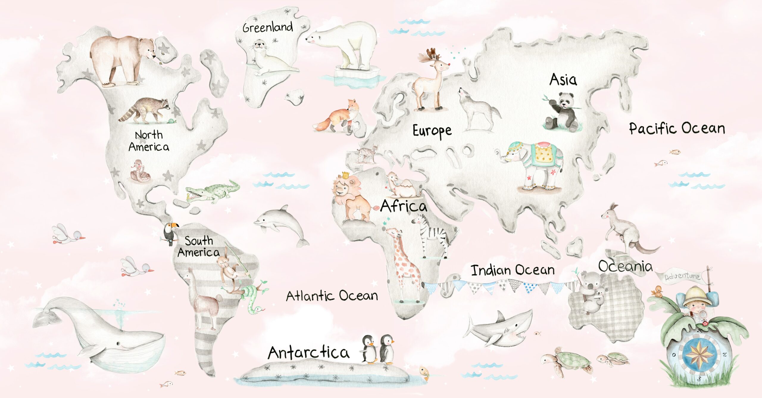 Pink,Map,For,Nursery,.,Animals,And,Writings