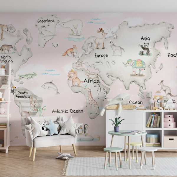 Zidni mural na karti svijeta ružičasta