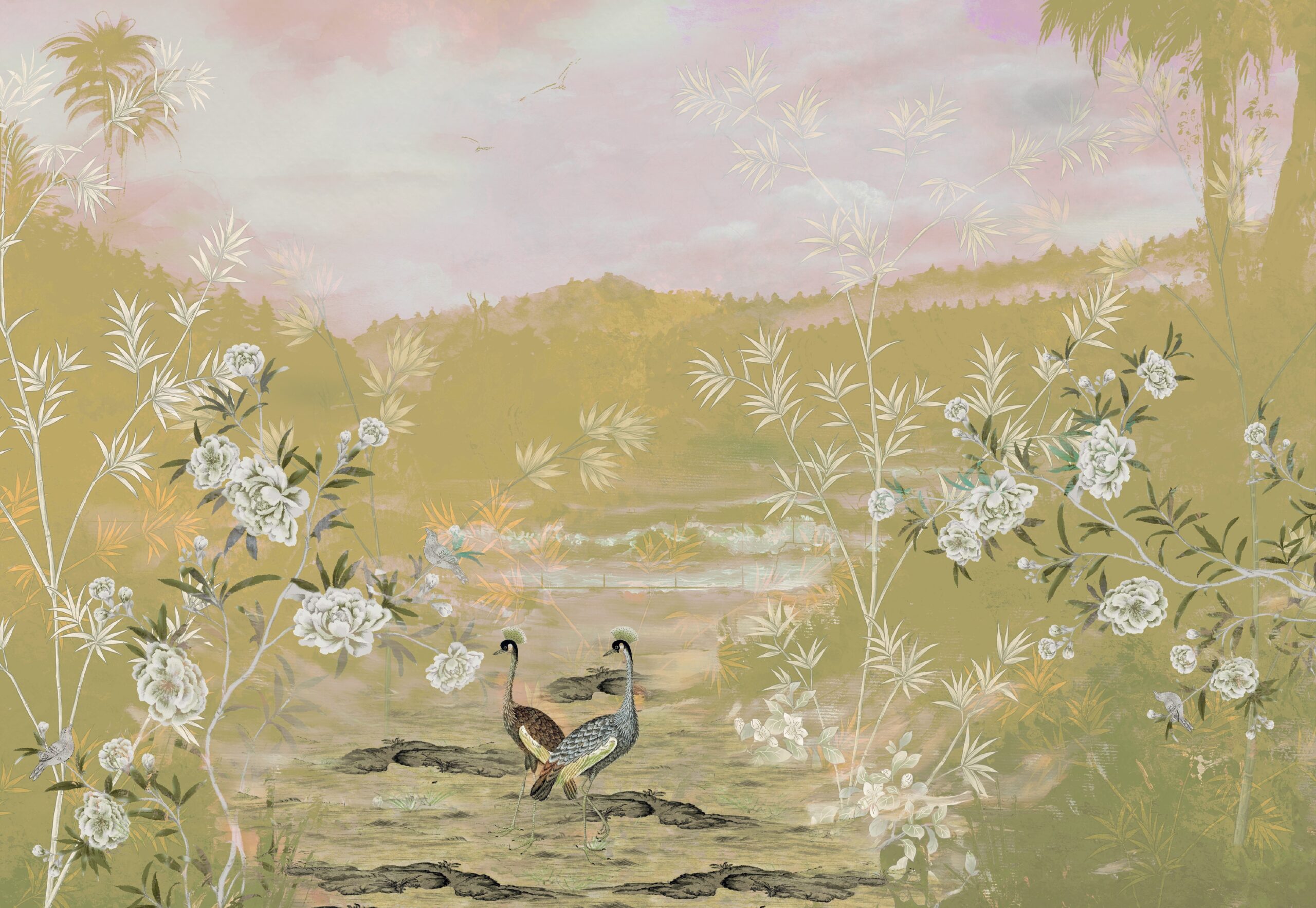 Botanic,Garden,With,Bird,Green,Background.,Home,Decor,Mural,Wall.