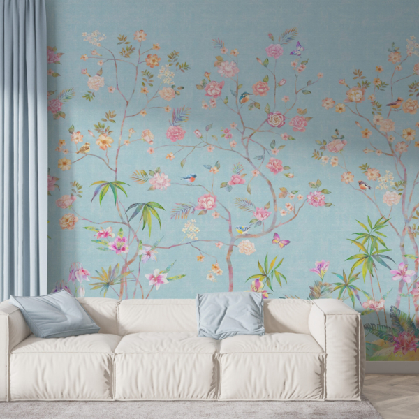 Cvijeće na plavoj pozadini zidni mural