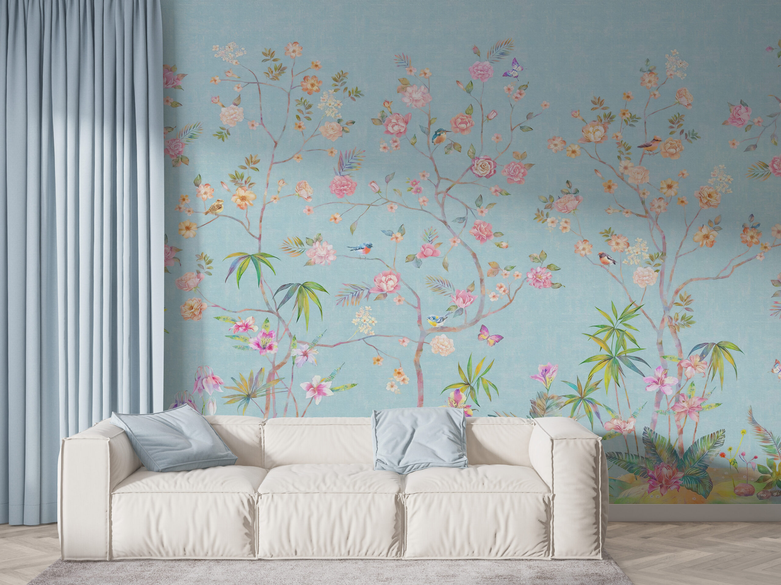 Cvijeće na plavoj pozadini zidni mural