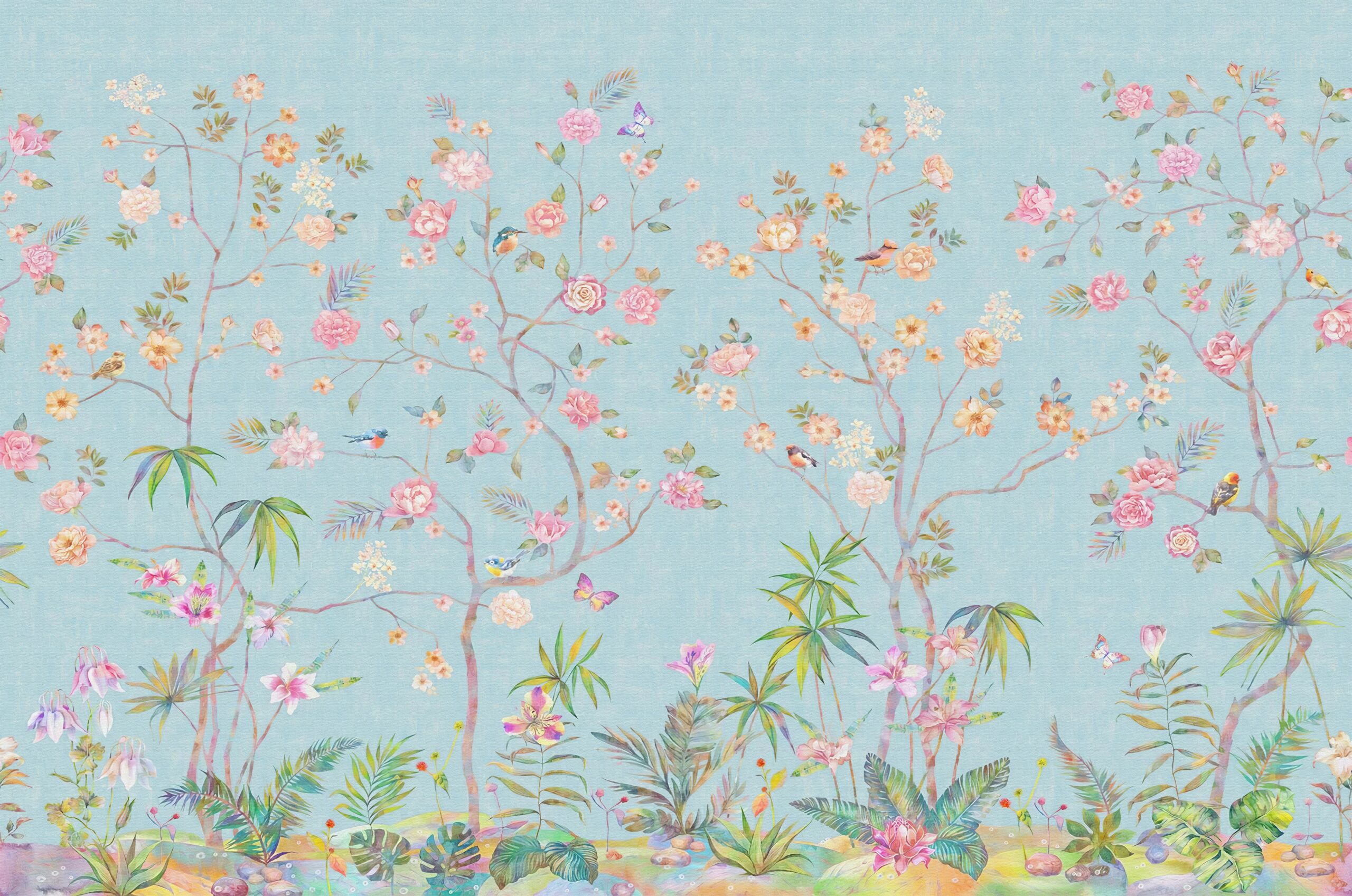 Beautiful,Flowers,And,Birds,On,A,Blue,Background.,Special,Series