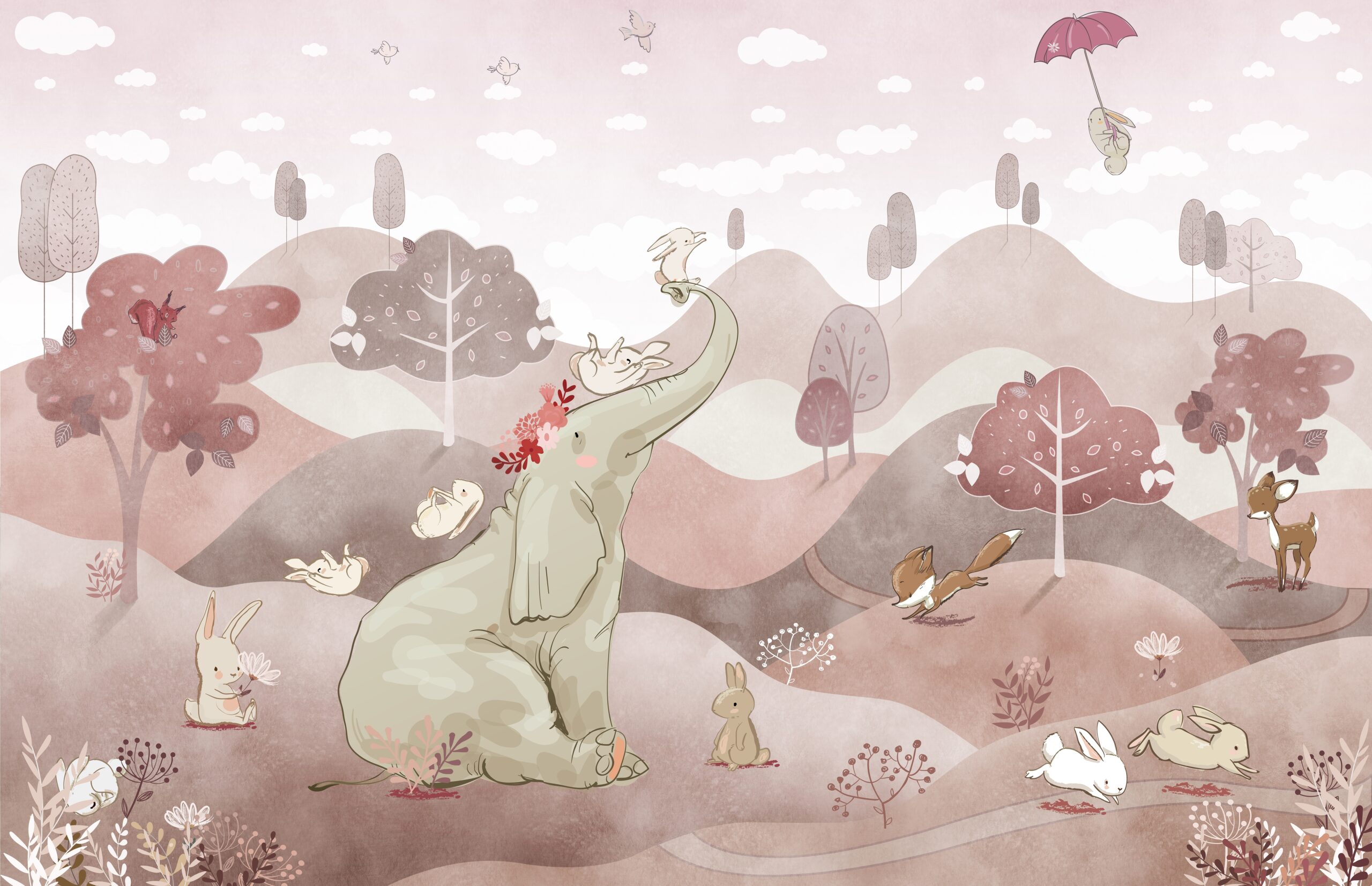 Pink,Watercolor,Animals,Wallpaper,Mural,,Elephant,,Deer,,Fox,,Forest,,Wall